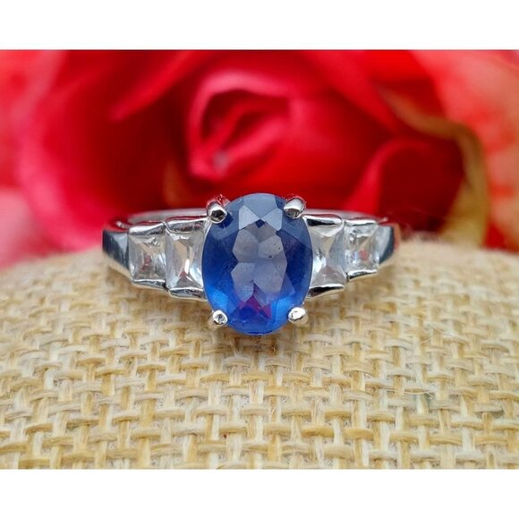 Sterling Silver Cocktail Ring FAS 925 Size 7 Baguette CZ & Blue Center Stone - Picture 2 of 10